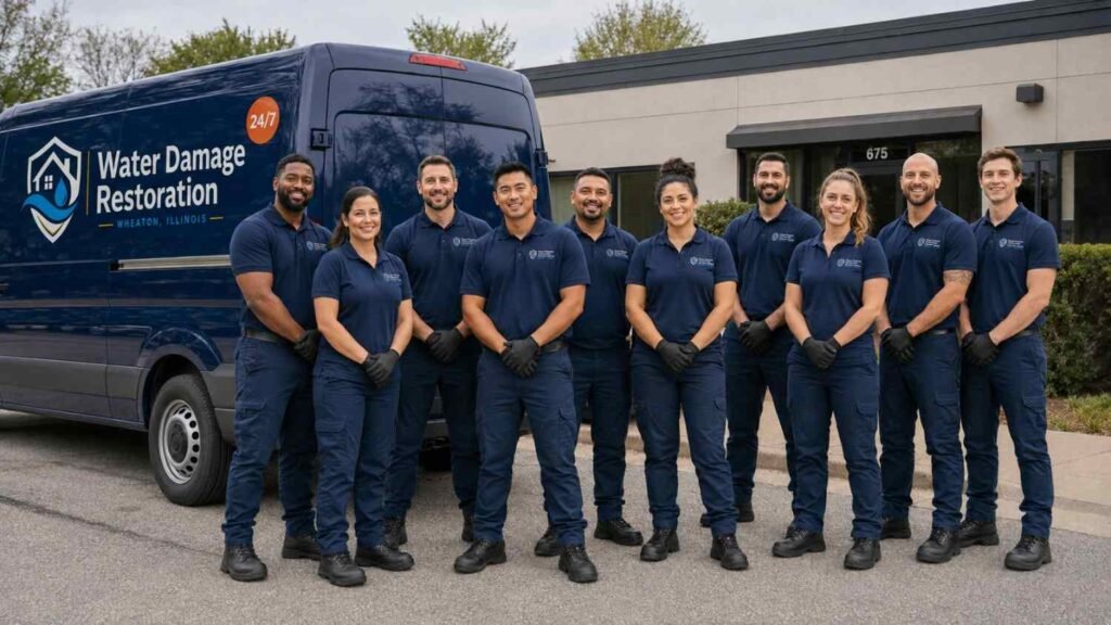 Full team stand with van and ready for water damage restoration services