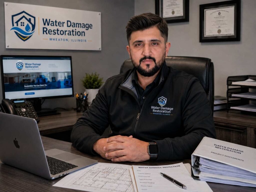 Owner of Water Damage Restoration company in Wheaton, Illinois, sitting in his office.