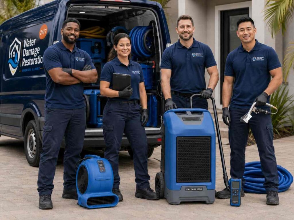 Water damage restoration team with equipment and service van in Wheaton, IL