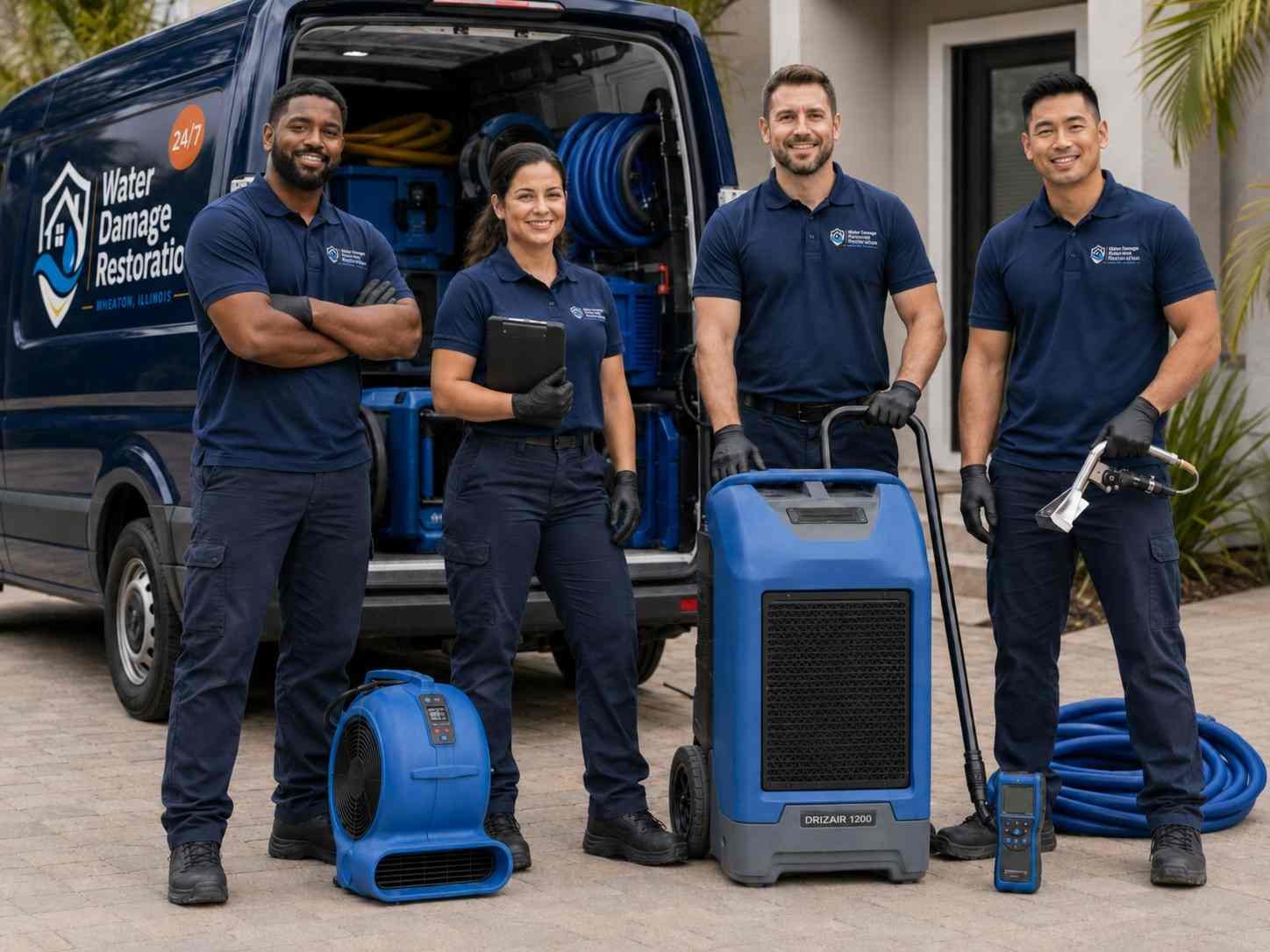 Water damage restoration team with equipment and service van in Wheaton, IL