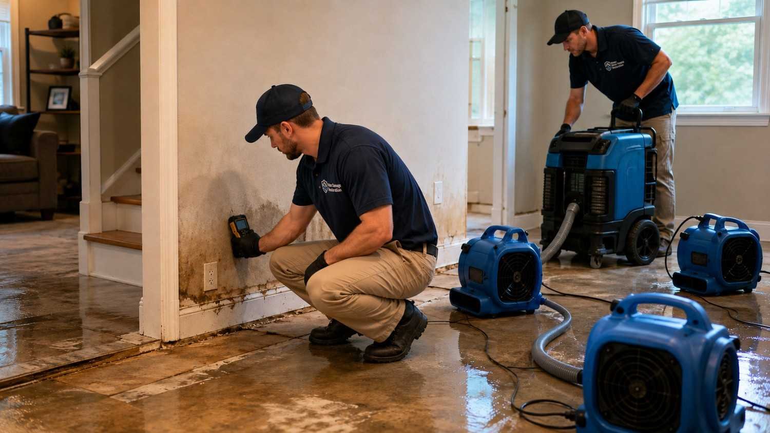 Water damage restoration technicians working in a Wheaton home