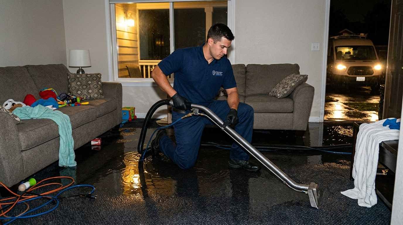 Technician in navy uniform extracting standing water from a flooded living room carpet during a 24/7 emergency water removal call in Wheaton, IL