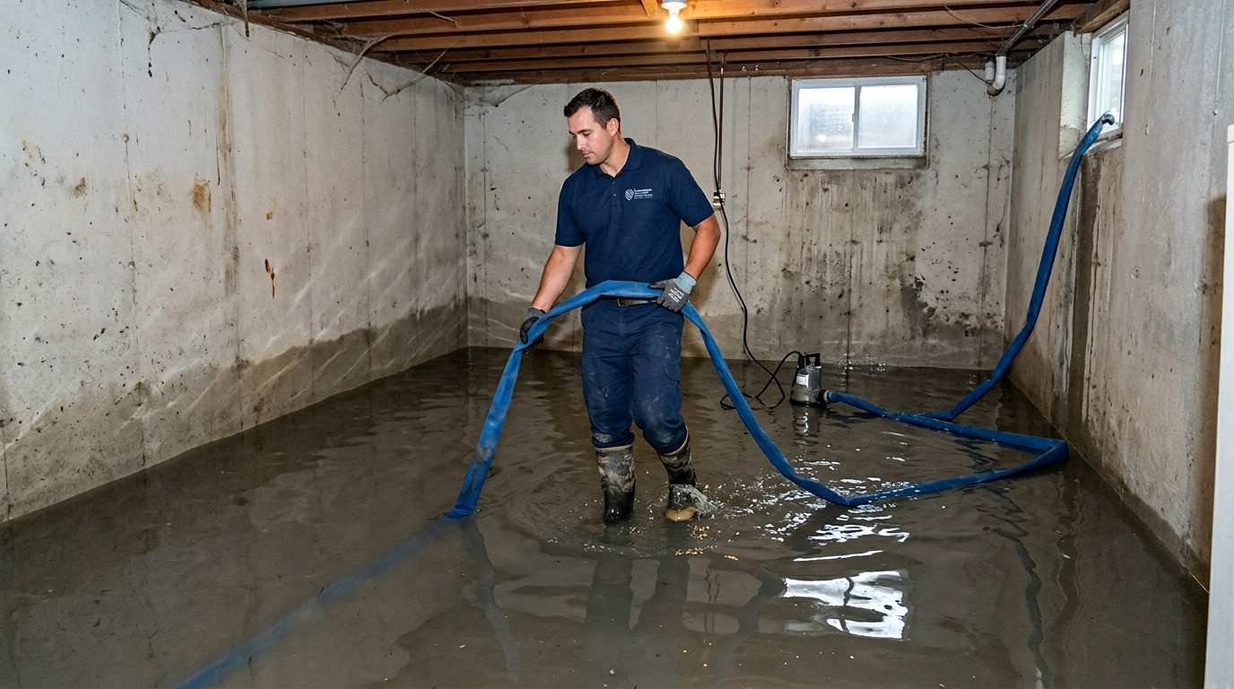 Technician wading through standing water in a flooded basement with a submersible pump during basement flood cleanup in Wheaton, IL