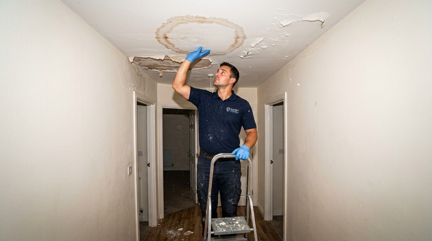 Technician on a stepladder inspecting a water-stained ceiling during ceiling and wall water damage restoration in Wheaton, IL