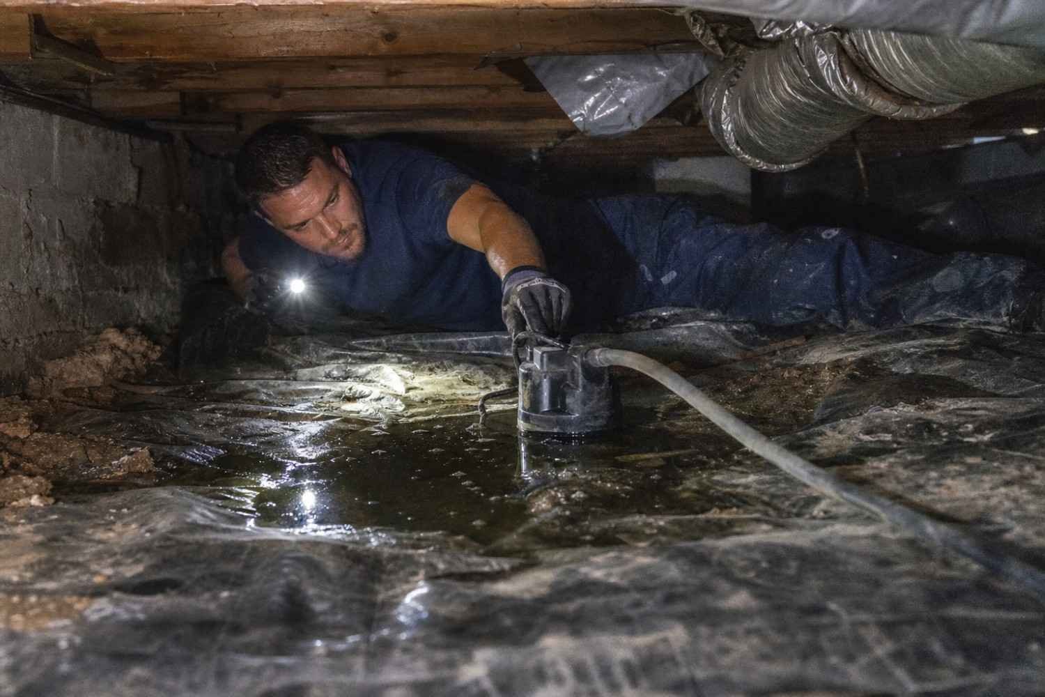 Technician with a flashlight and transfer pump removing standing water from a crawl space in a Wheaton, IL home