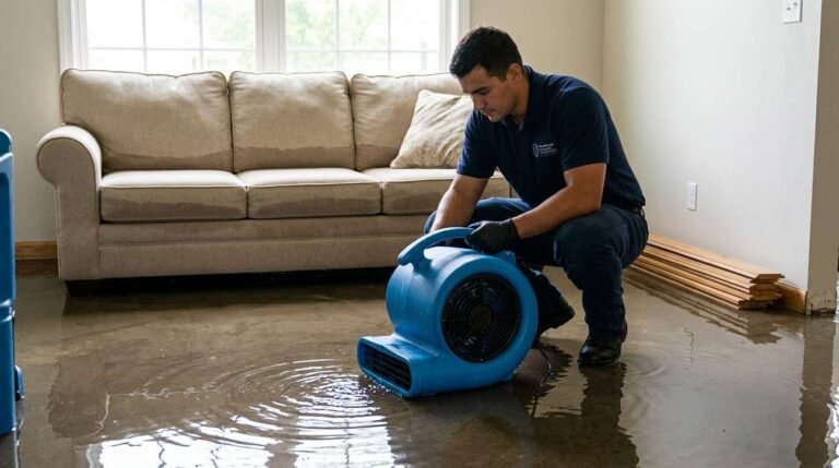 Restoration technician placing a blue air mover in a flooded living room during flood damage restoration and cleanup in Wheaton, IL