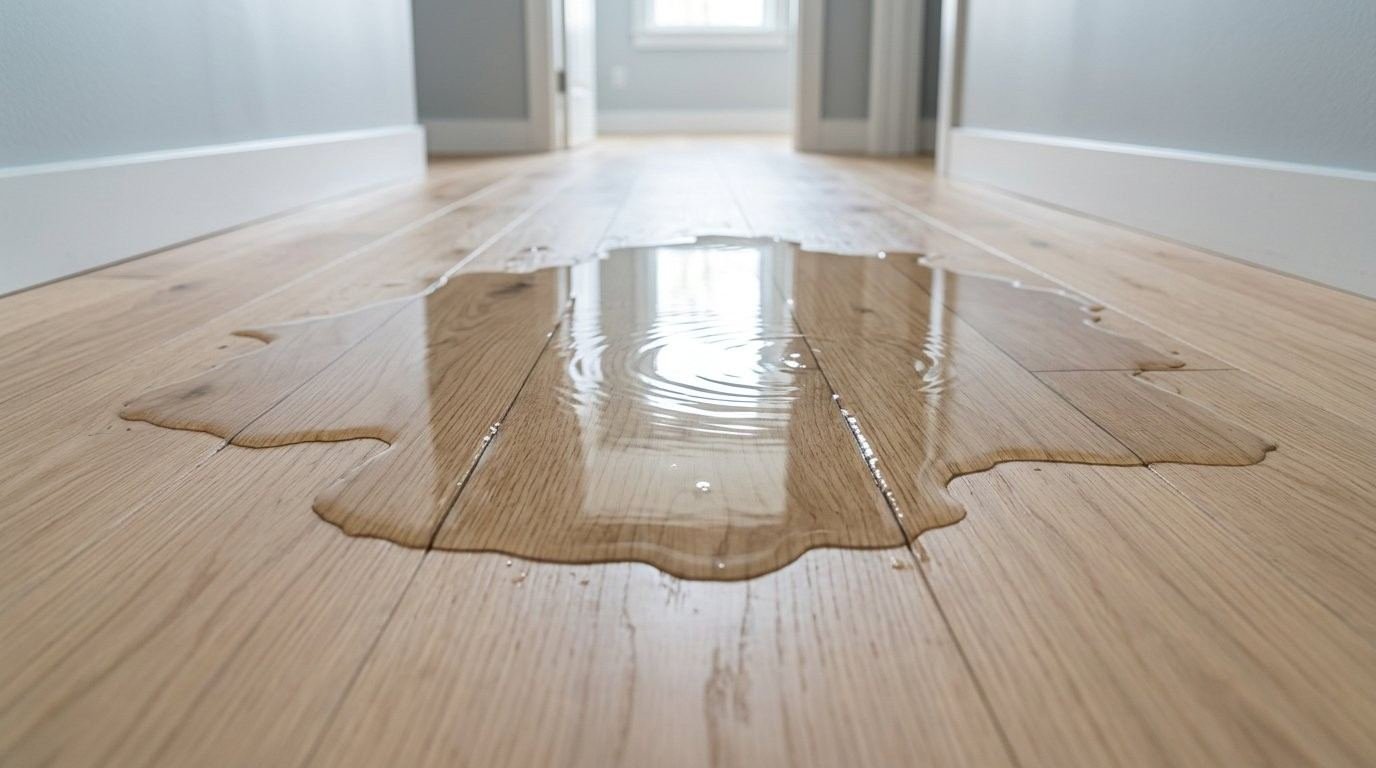 wide puddle of standing water spreading across a hardwood hallway floor.