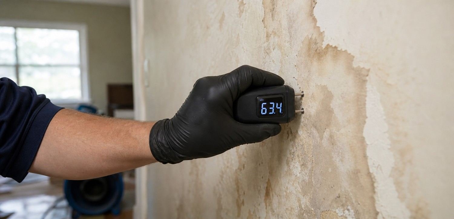 Gloved hand pressing a digital moisture meter against water-stained drywall during a water damage inspection in Wheaton, IL