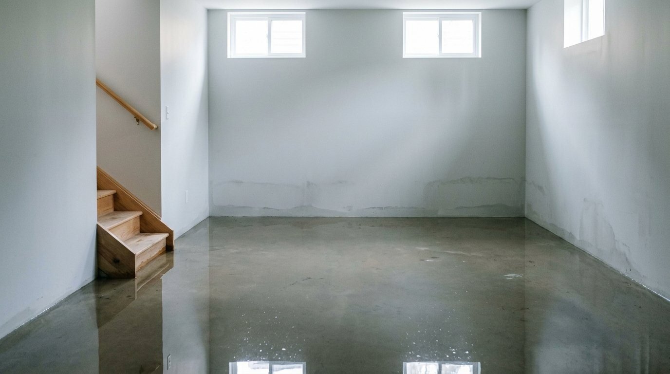 Water spilling over the edge of a full bathtub onto the bathroom tile floor.